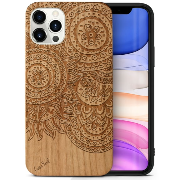 Case Yard Wooden Case Outside Soft TPU Silicone, Slim Fit Shockproof Wood Protective Phone Cover for Girls Boys Men and Women, Supports Wireless Charging Geo Henna Design case for iPhone-11-Pro-Max