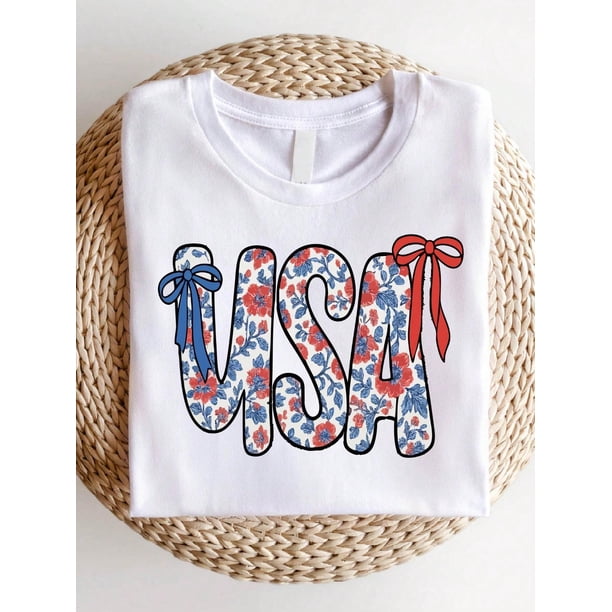 USA Shirt, Coquette 4th Of July USA T-Shirt, Red White Blue Letters Tee, Gift For Americans, America Shirts, 4th Of July T-Shirts