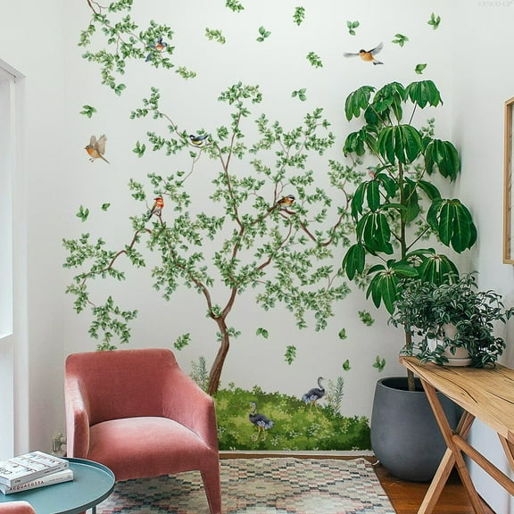Large Green Twig Tree Wall Decals Falling Green Leaves Plants with Birds Wall Stickers Transparent Peel and Stick Living Room Nursery Wall Decor, 50x41 inches