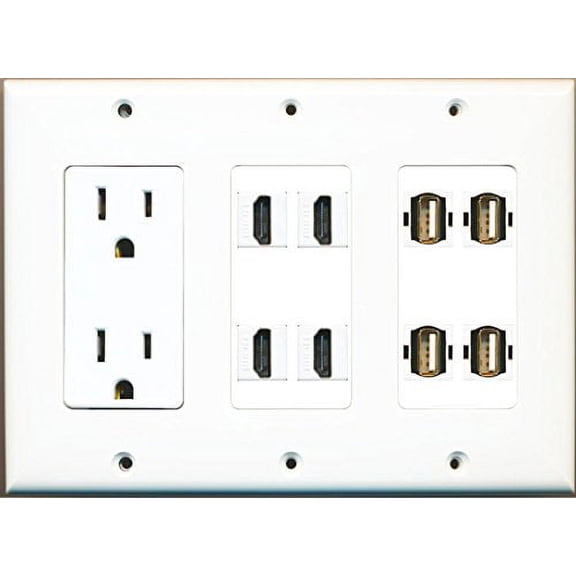 RiteAV 4 Hdmi 4 USB A-A Power Outlet Wall Plate 3 Gang White