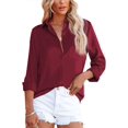 thumbnail image 3 of Camisas con botones para mujer, cuello en V, satén, casual, manga larga/corta, blusas lisas, blusas de trabajo de oficina con bolsillo, 3 of 5