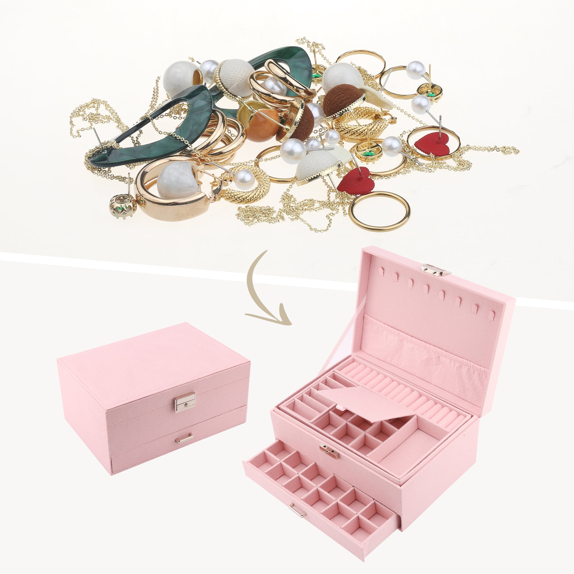 Unique Bargains 3 Layers Jewelry Box Organizer with Drawer Removable Tray Pink