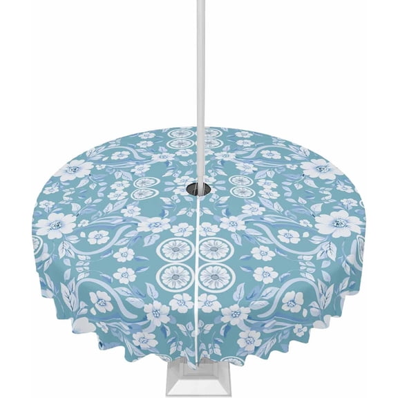 Outdoor Tablecloth with Umbrella Hole and Zipper 60R Vintage Floral Pattern Light Blue Table Cover for Round Tables Waterproof Tabletop Collection for Patio Garden Picnic Camping