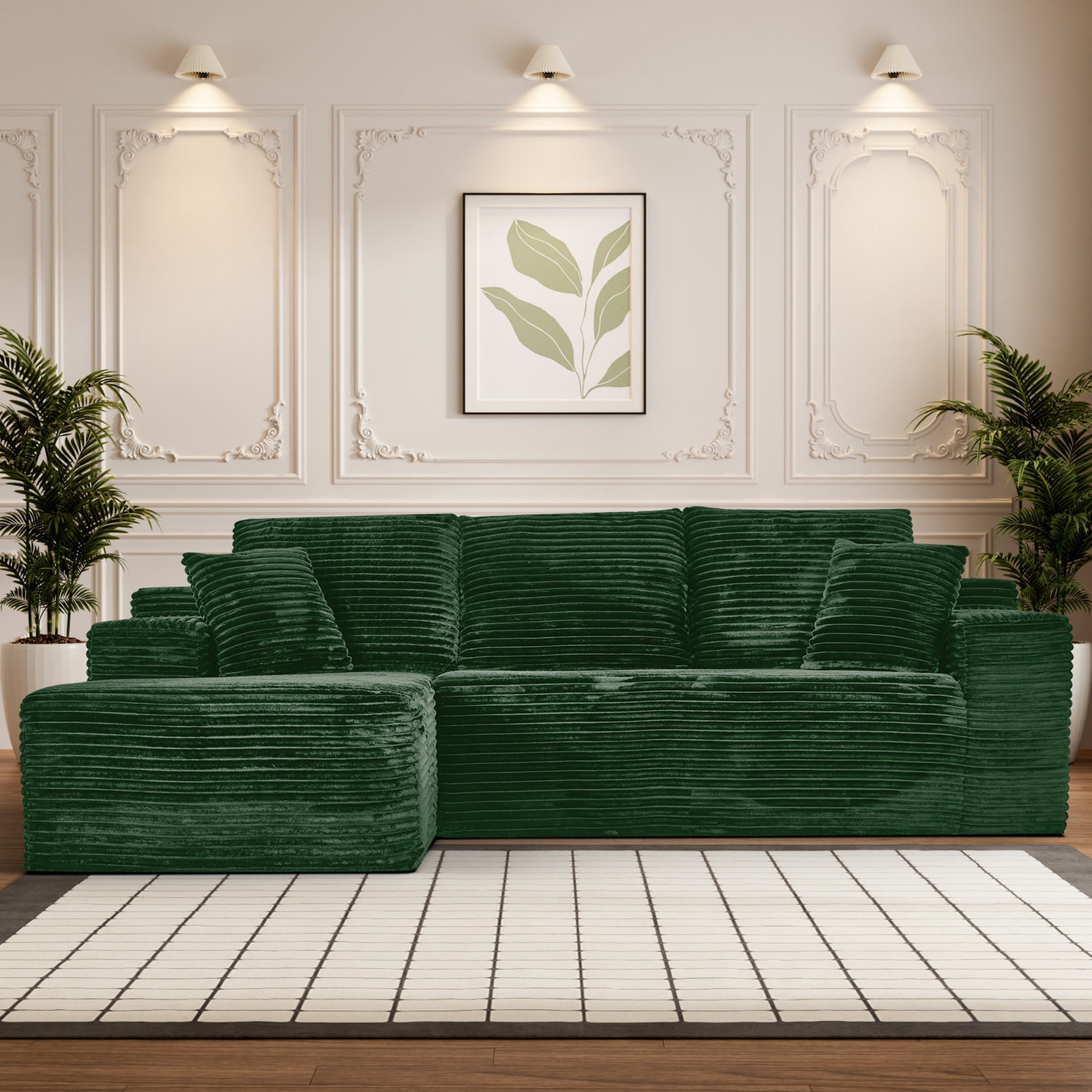 Aukfa 107" Cloud Modular Sectional Couch with Left-Facing Chaise, Corduroy Deep Seat Boneless Sofa for Living Room, Apartment, Emerald