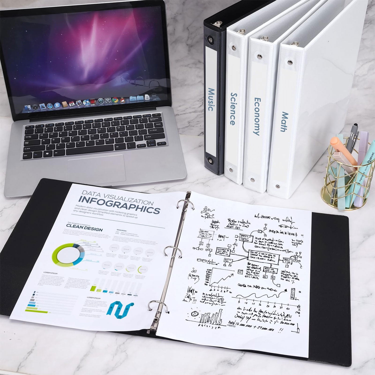1 inch Binder 3 Ring Binders 200 Sheets Organizer with Pockets Round Ring View Binders with Pockets Holds 8.5'' x 11''Paper Office, Home, and School Use 6-Pack White Black