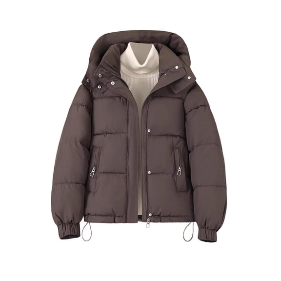 SuTry Women's Puffer Jacket Hooded Full Zip Snap Front Quilted Drop Shoulder Elastic Cuffs Drawstring Hem Side Pockets Winter Cold Weather Daily Wear Outerwear