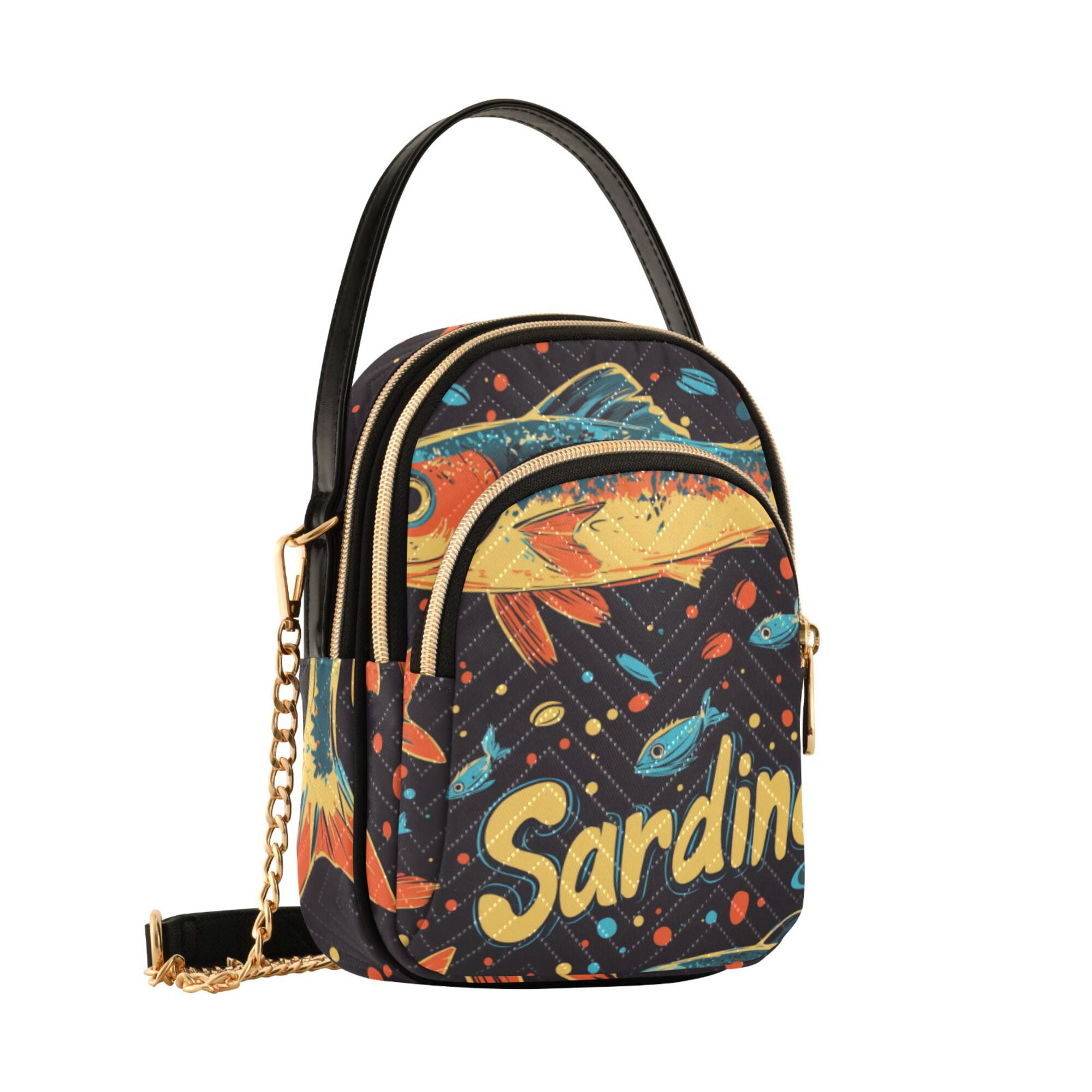 FORMRS Crossbody Bag for Women Quilted Travel Shoulder Cell Phone Purse with Chain Strap Handbag, Black Sardines Pattern
