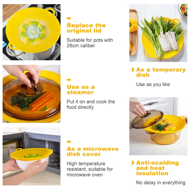 VONTER Spill Stopper Lid Cover,Boil Over Guard Lid,Silicone Boil Over  Safeguard Anti Spill Lid Cover Pot Pan Lid Pots Splash  ProtectorMulti-Function Cooking Kitchen Tool 10.2 inch (yellow) 