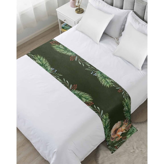 Xipuska Christmas Squirrel Bed Runners for Queen Size Bed, Decorative Bed Throws for Foot of Bed, Sage Green Pine Cones Berry Pastoral Bed Runner Sofa Throw Bedding Scarf Slipcover for Bedroom