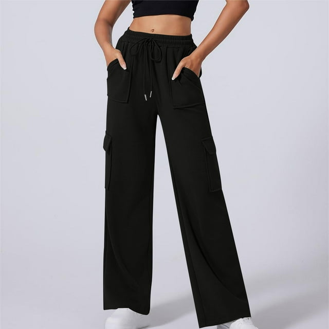 Leodye Women's Elastic Waist Drawstring Loose Wide Leg Multiple Pockets High Waisted Work Cargo Black 6(M)
