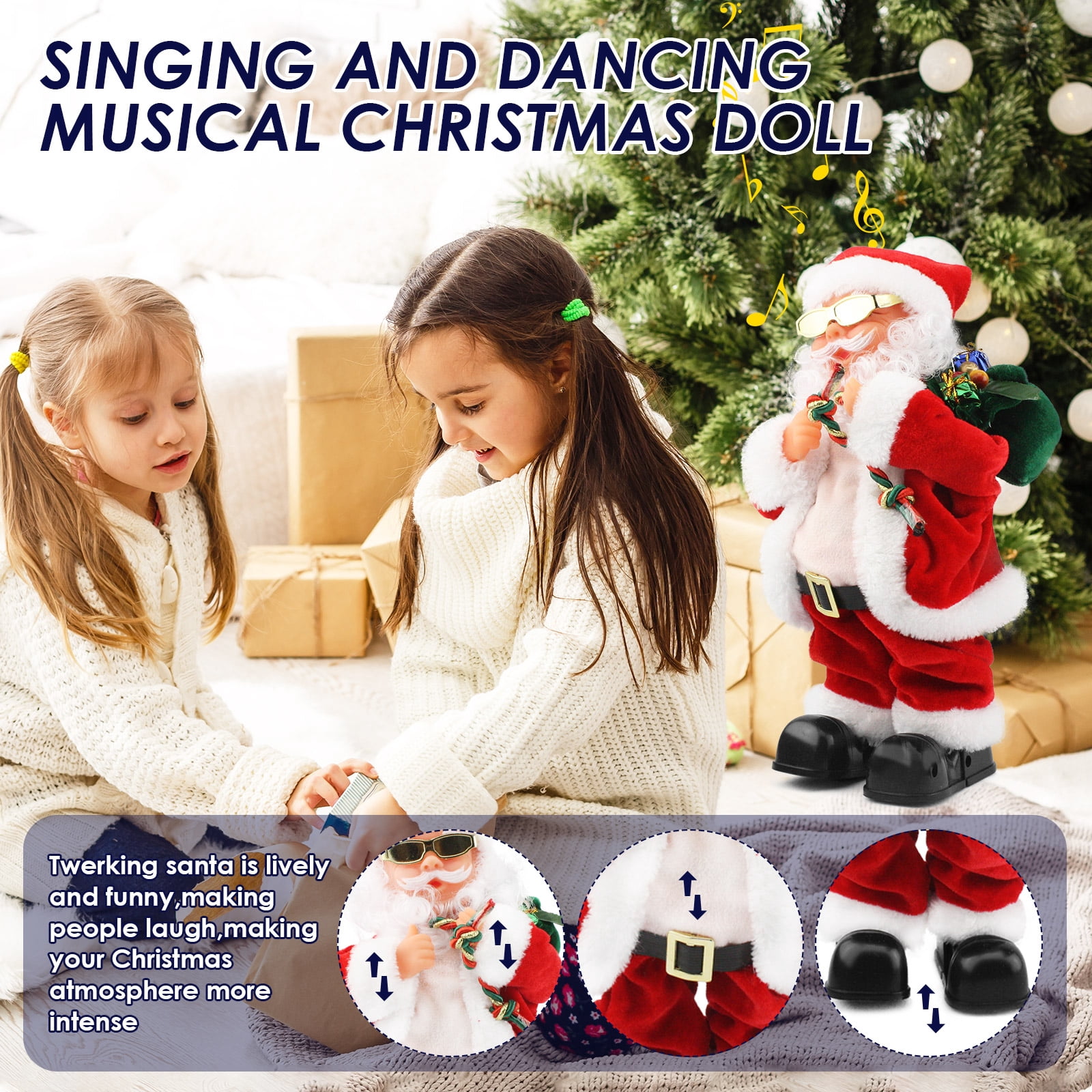Belly Shaking Singing Dancing Santa Claus Toy with Music, Musical Christmas Decoration Playing Jingle Bells with Bouncing Glasses