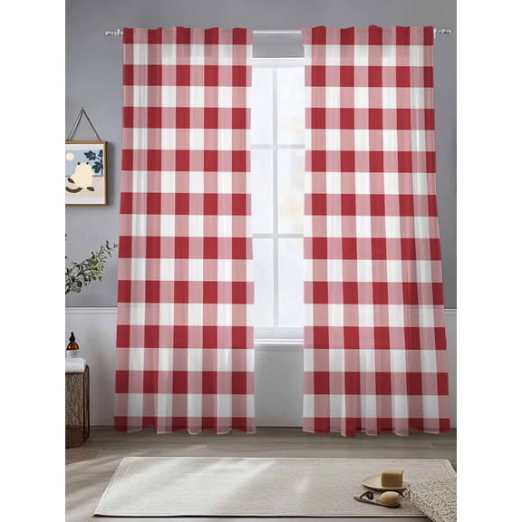 Sheer Curtains Red White Plaid 2 Panels Voile Window Drapes Buffalo Check Geometric Light Filtering Window Treatments Semi Sheer Curtain Panels for Living Room Bedroom Bathroom 52x84 inches