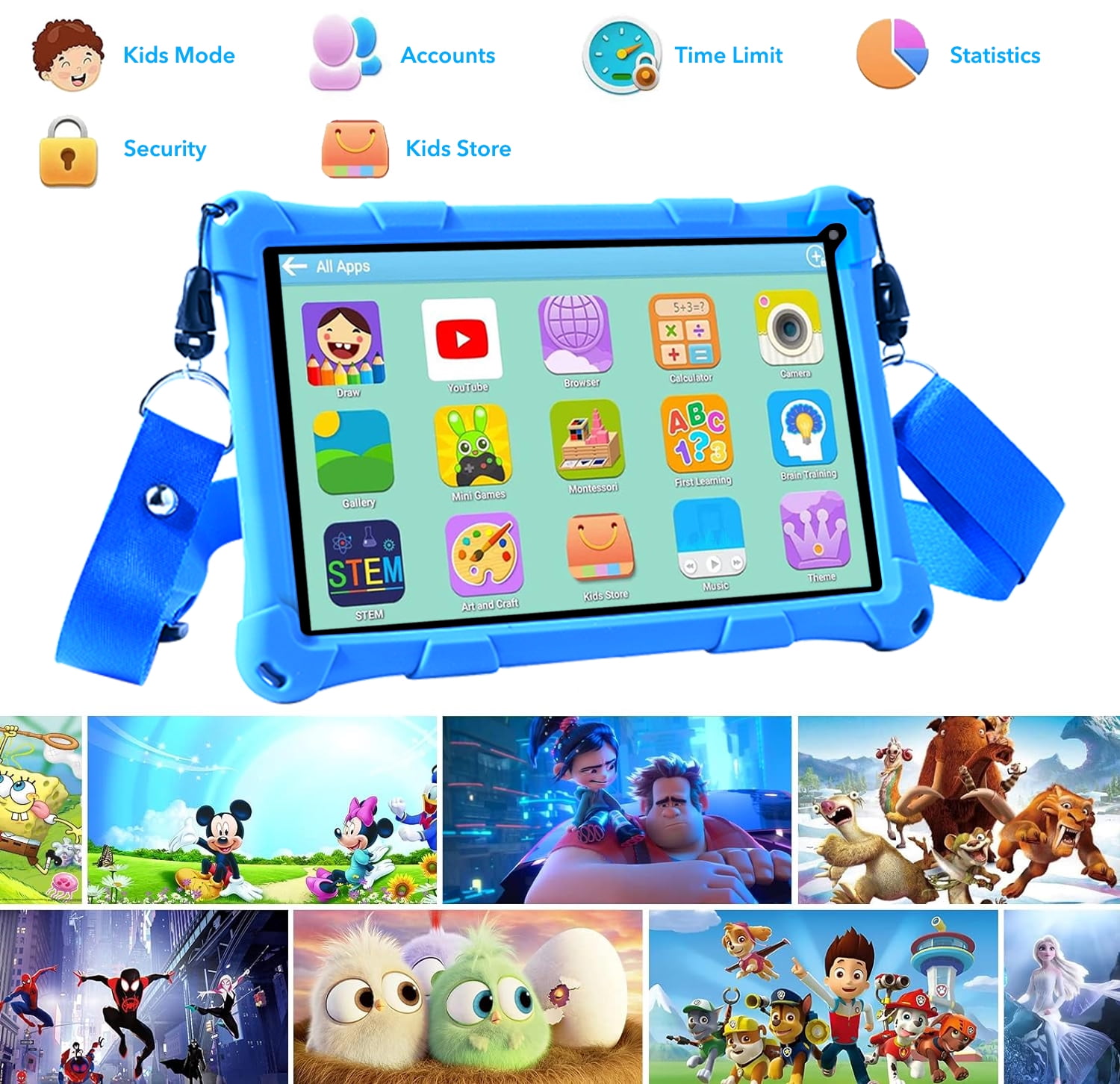Thunrlge Kids Tablet, 7-Inch Kids Tablet, Android Tablet, 3+5 RAM 64GB ROM (TF CARD 256GB) Google Certified, Kids Software Pre-Installed, WiFi, Shockproof Case, Gift for kids, (Blue)