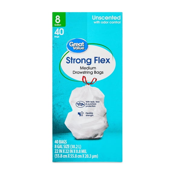 Great Value 8 Gallon Strong Flex Medium Drawstring Bags, 40 Bags