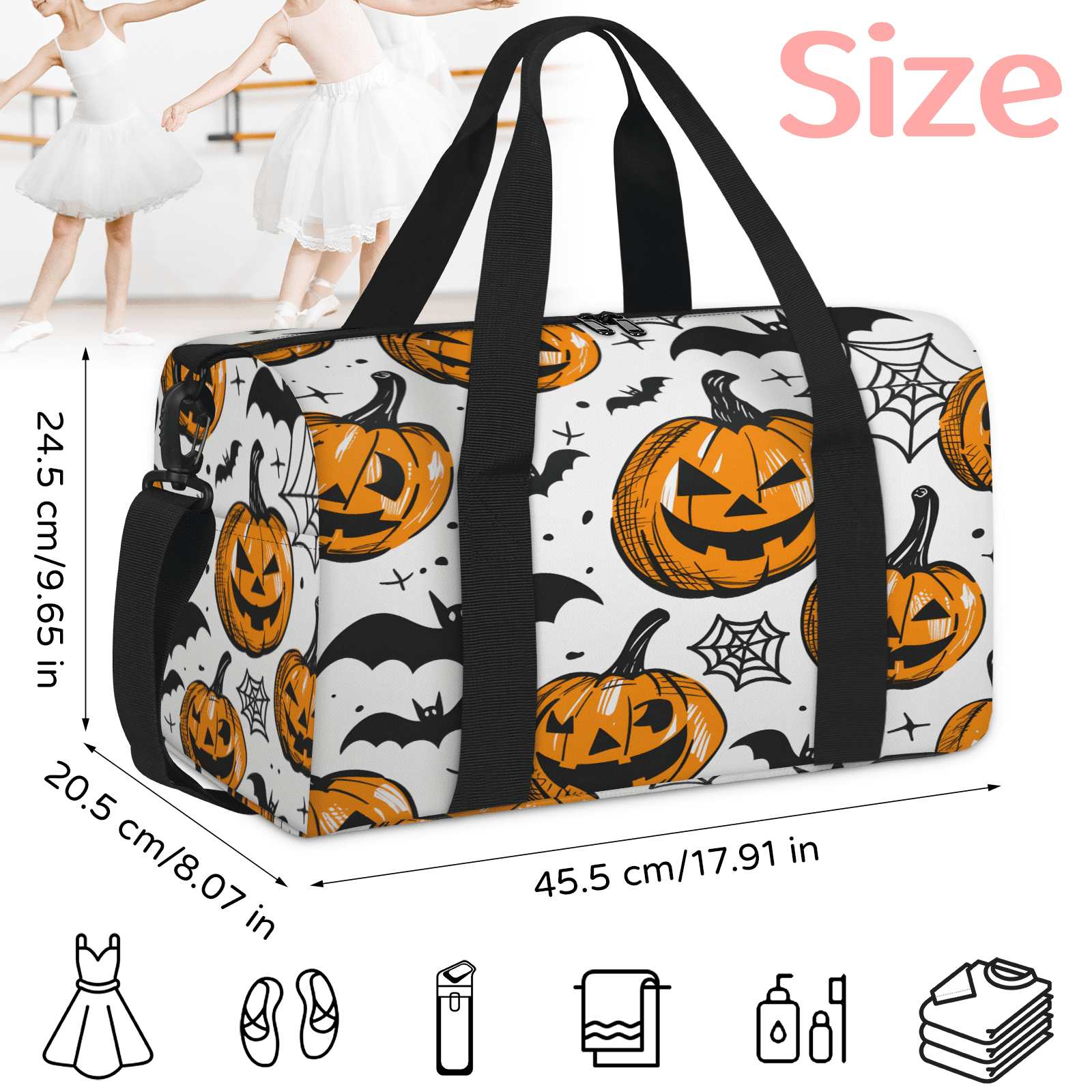 Herdesigns Evil Pumpkin Gym Bag for Women, Duffle Bag for Travel Sport, Halloween Bat Lightweight Waterproof Carry on Weekender Dance Yoga Workout Bags