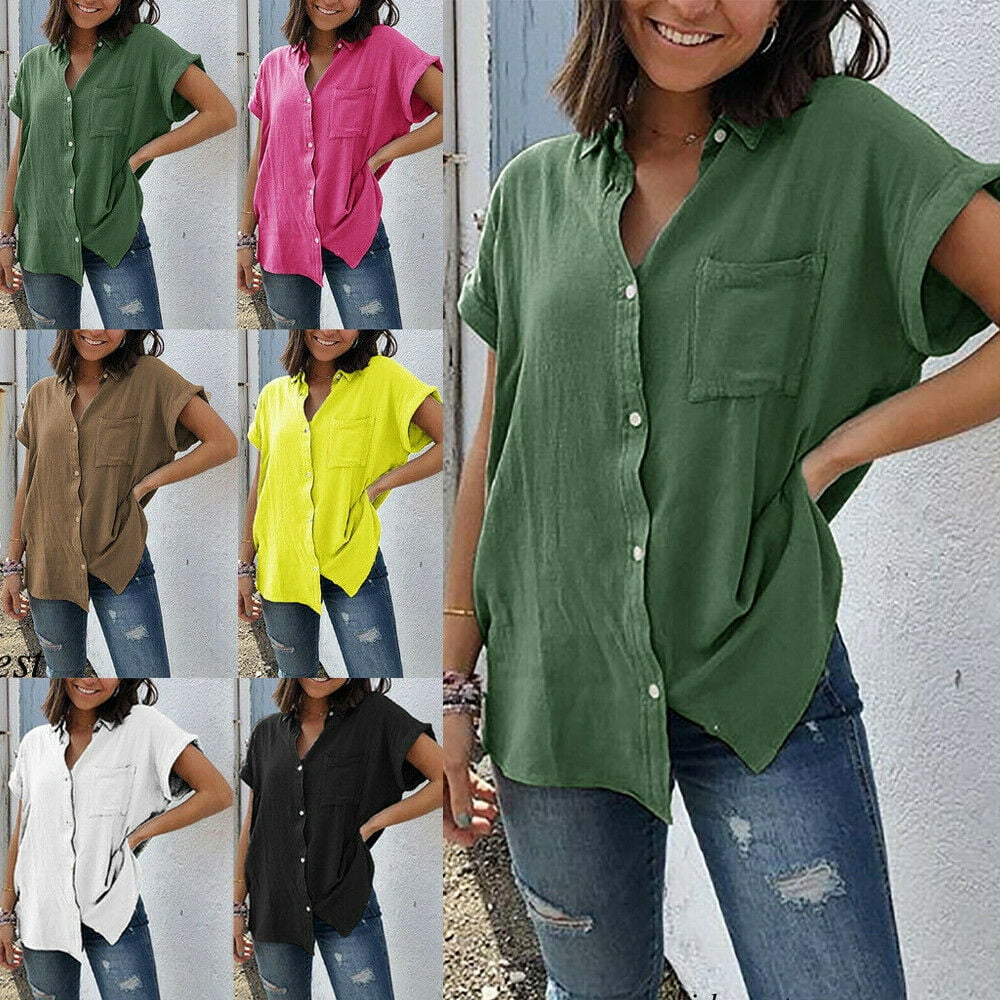 Women Cotton Solid Blouse Short Sleeves Plus Size Casual Linen Top T ...