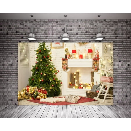Image of GreenDecor 7X5ft White Brick Photography Backgrounds Christmas Tree Wood Floor Bright Backdrop White Fireplace Cat Christmas Backdrop