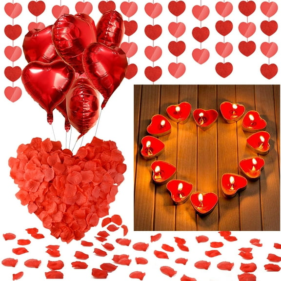 GEEKEO Valentine's Day Decorations, Candles Red Tea Lights Rose Petals and Red Heart Shaped Foil Balloons for Marriage Proposal Engagement Wedding Anniversary Mother's Day Decoration