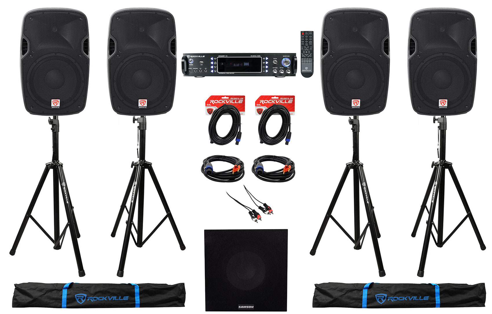 (4) Rockville 12” 12000w DJ PA Speakers+Stands+2-Ch. Bluetooth Amplifier+10" Sub - image 1 of 11