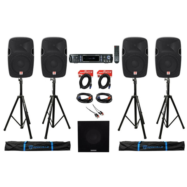 (4) Rockville 12” 12000w DJ PA Speakers+Stands+2-Ch. Bluetooth Amplifier+10" Sub