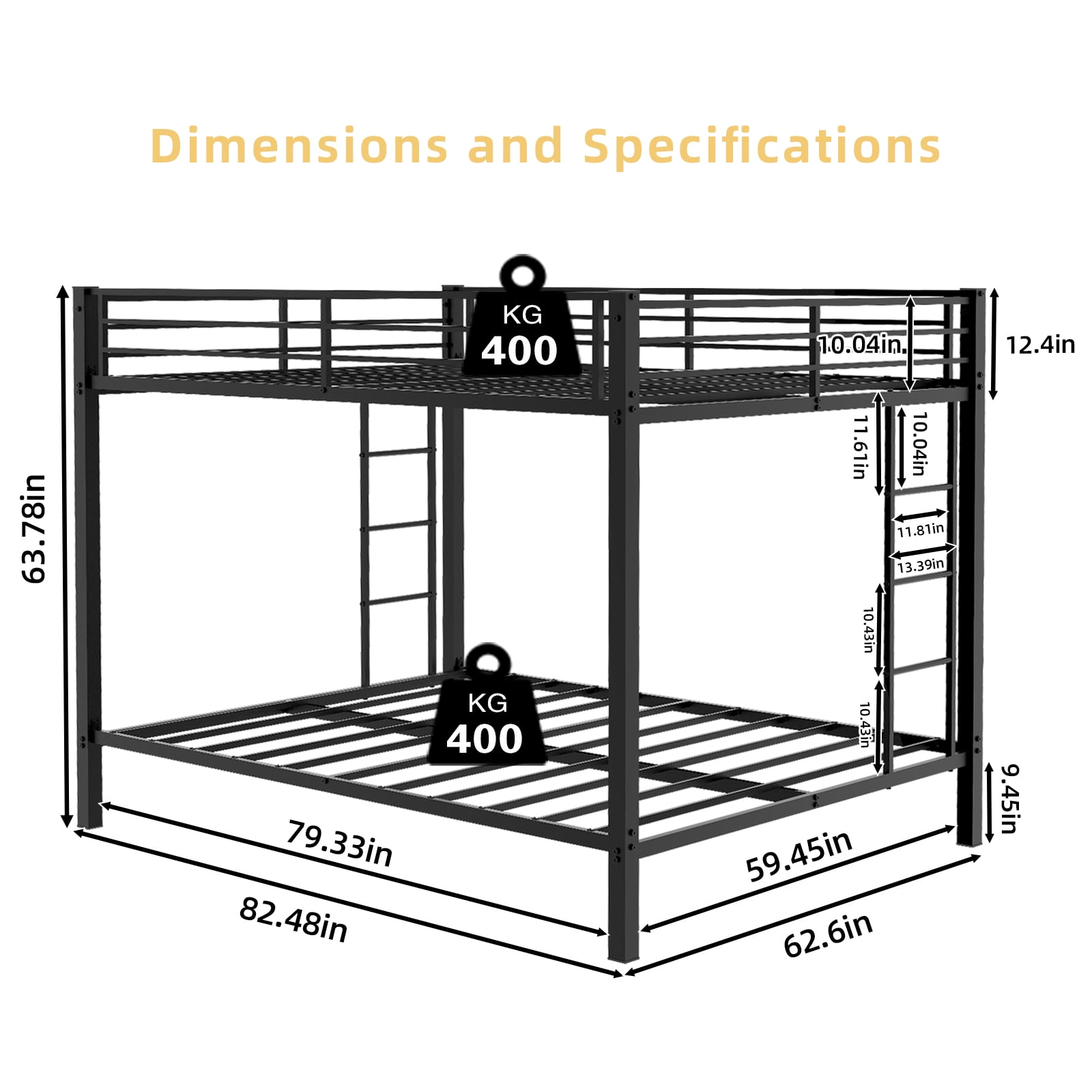 Leumius Queen over Queen Metal Bunk Bed,Heavy-Duty Steel Frame with Ladder & Safety Guardrails for Adults,Black
