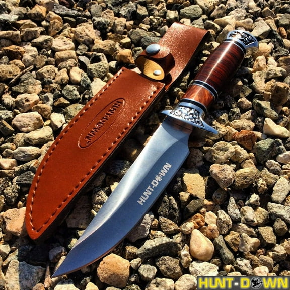 12'Hunt-Down Fixed Blade Brown and Chrome Knife with Sheath