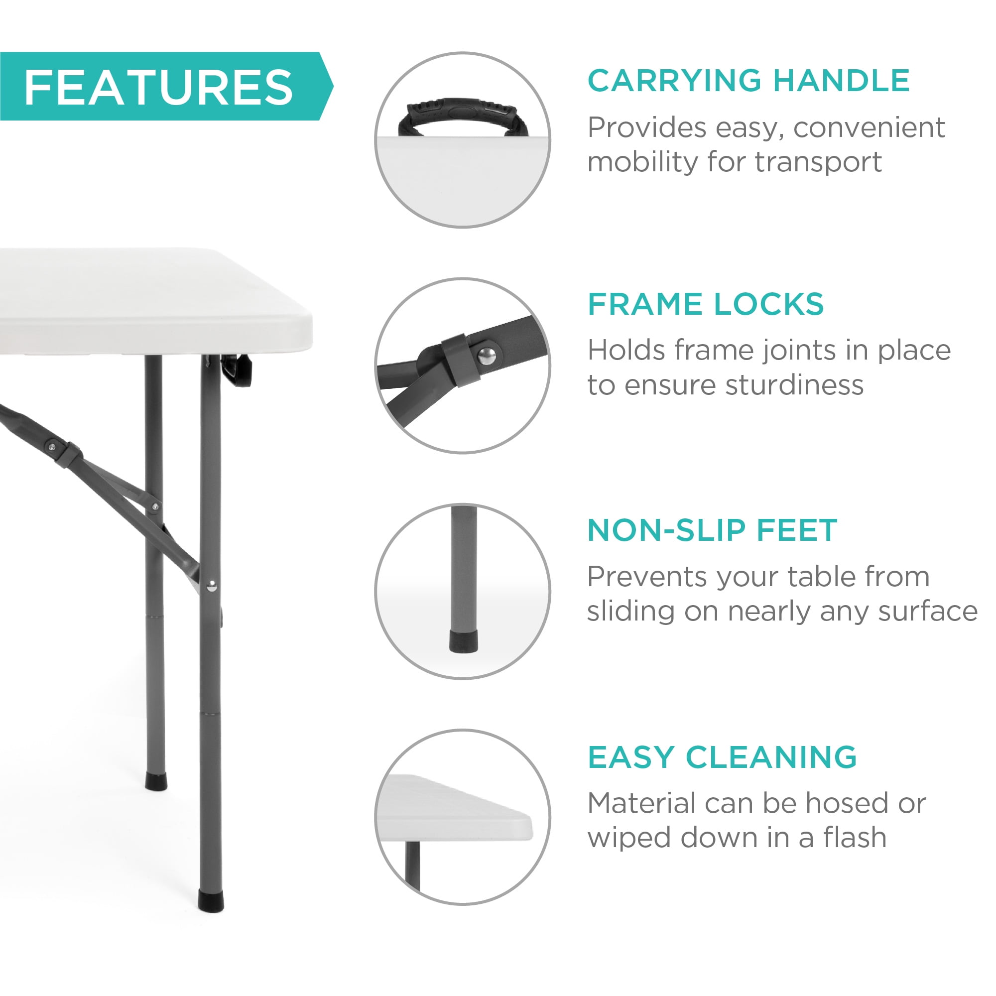 Best Choice Products 4ft Plastic Folding Table, Indoor Outdoor Heavy Duty Portable w/ Handle, Lock for Picnic - White