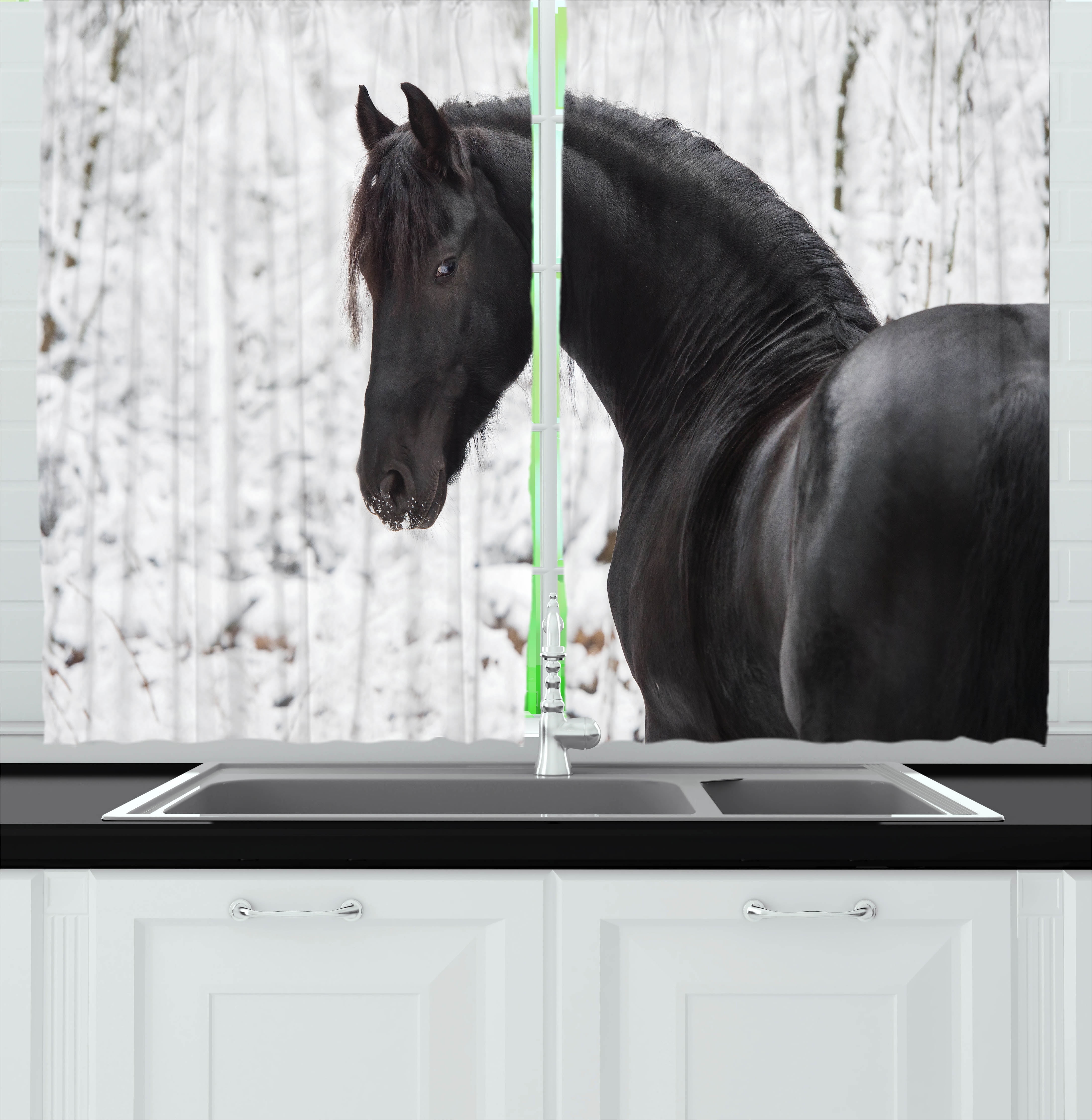 Equestrian Curtains 2 Panels Set, Black Friesian Sport Horse Portrait
