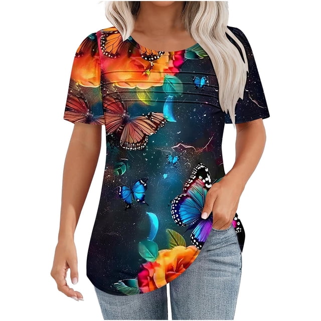 ZVAVZ Hauts Grande Taille pour Femmes, Blouse Plissée Imprimé Papillon Manches Courtes Col Rond Tunique Blouses pour Femmes Décontractées Multicolores, TG