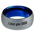 thumbnail image 2 of Tungsten I Love You 3000 Engraved Quote Band Ring 8mm Men Women Comfort Fit Blue Dome Brushed Gray Polished, 2 of 4
