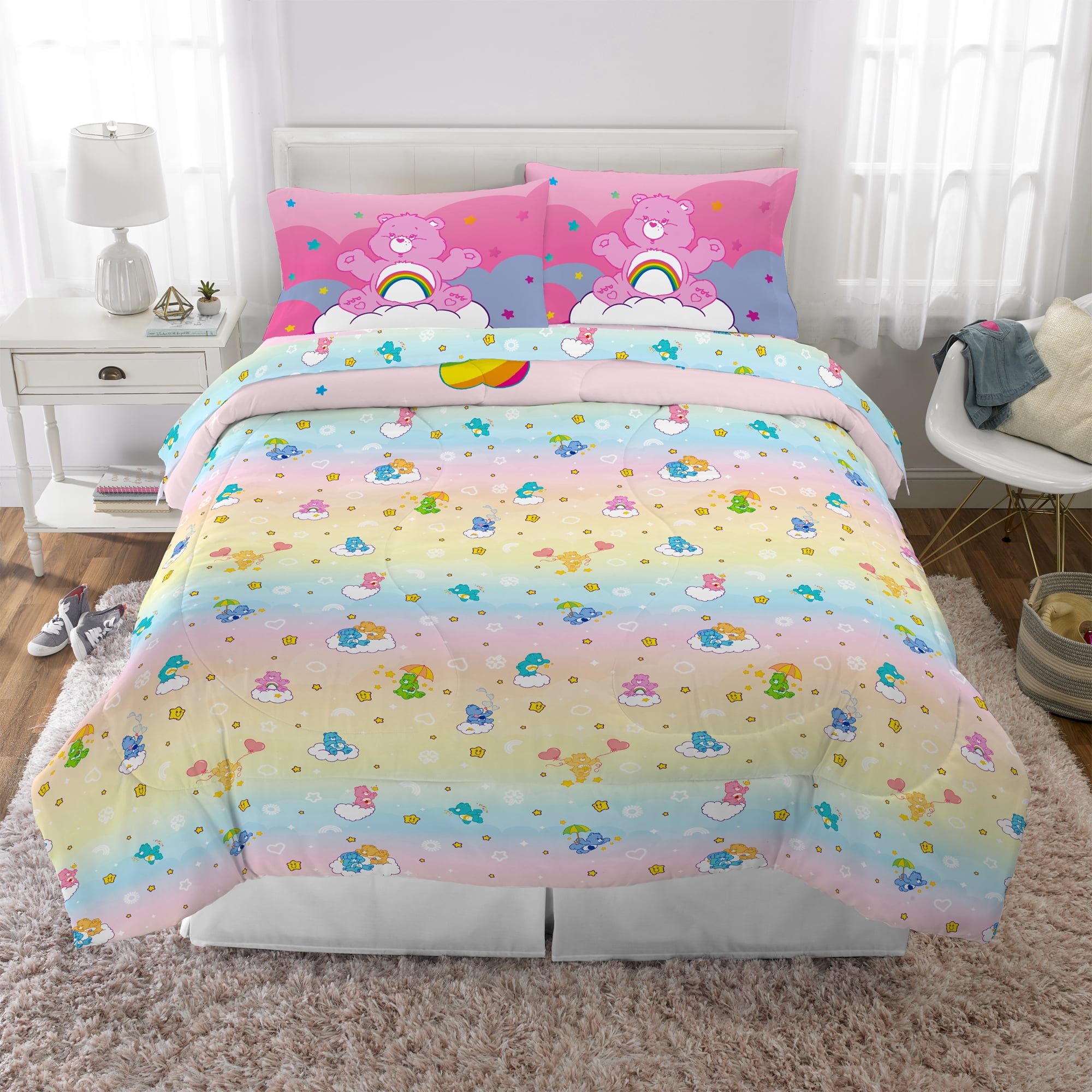 Care Bears Kids 5 Piece Pink Rainbow Reversible Comforter, Bed in a Bag, Full