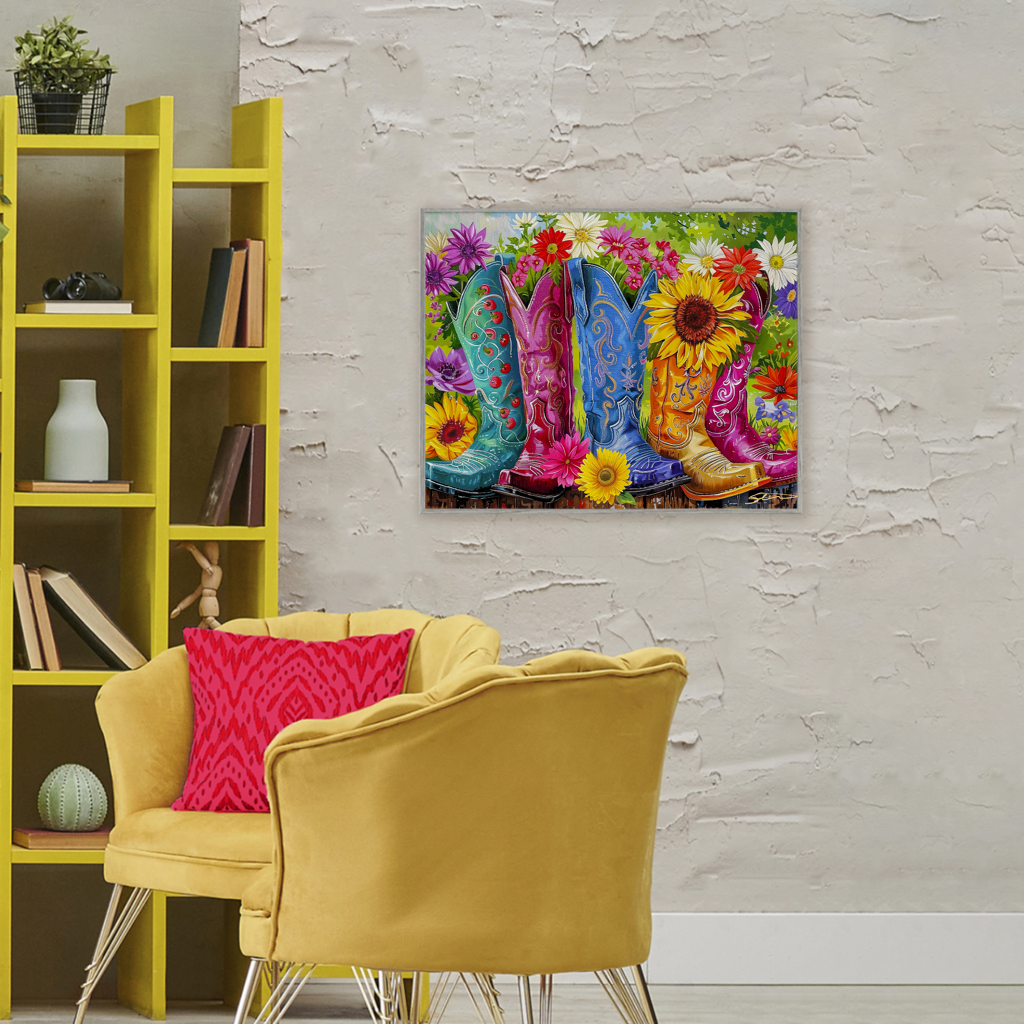 Cowboy Boots and Sunflowers Gray Framed Giclee Art, design by Shawna Stewart