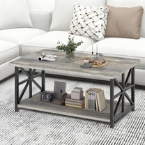 Baxluxe Gray Coffee Table for Living Room, Rectangular Wooden Coffee Table with Storage Shelves, 2-Tier Storage Center Table with Metal Base, Tea Table for Small Space, Apartment, Office
