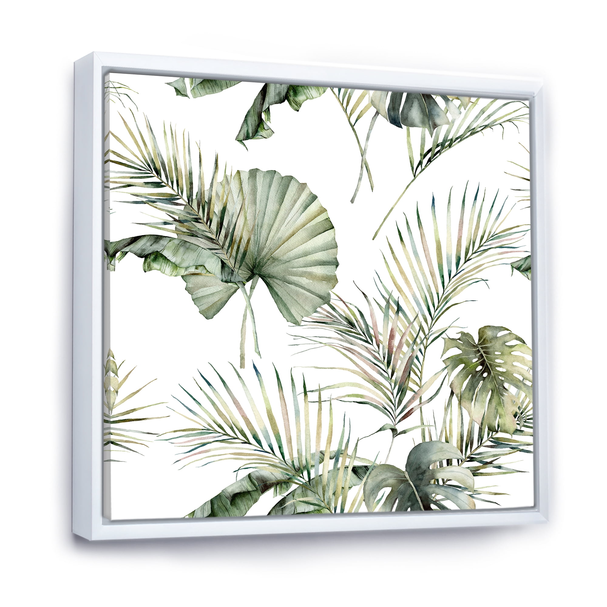 Designart 'Monstera and Coconut Leaves With Tropical Pattern' Traditional Framed Canvas Wall Art Print