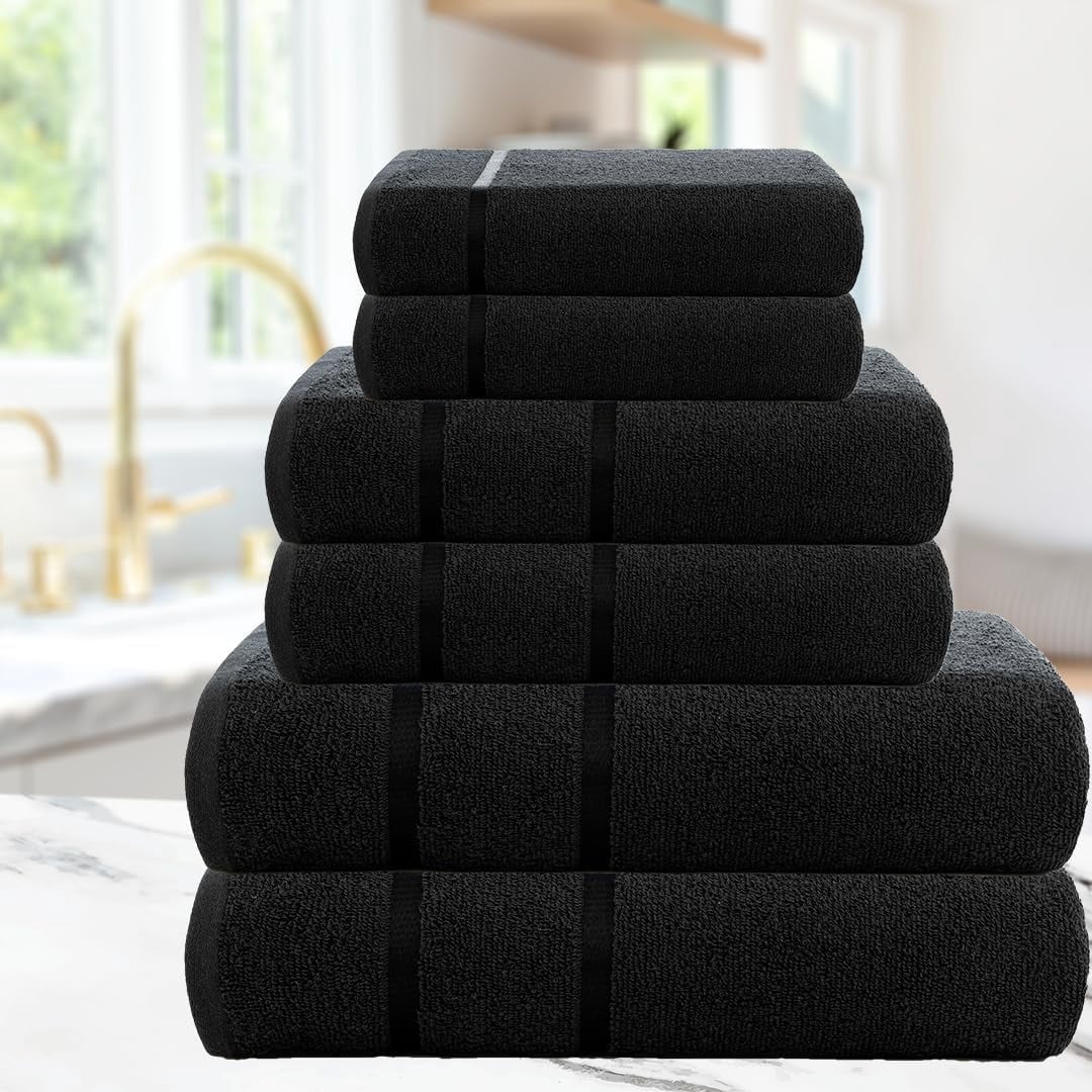 CASA COPENHAGEN Eternal 6 Pieces Towel Set- Black, 500 GSM 2 Bath Towel 2 Hand Towel 2 Washcloth, Designed in Denmark Made of Soft Egyptian Cotton for Bathroom, Kitchen & Shower