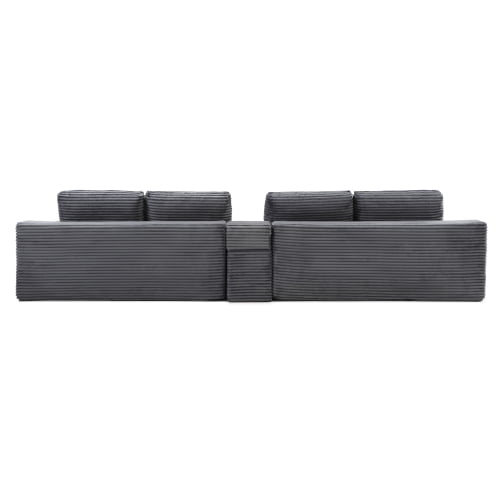 150" Oversized L-Shape Sectional Sofa with Deep Seat, Cup Holders & USB Ports, Corduroy Cloud Couch with Hidden Storage, Grey