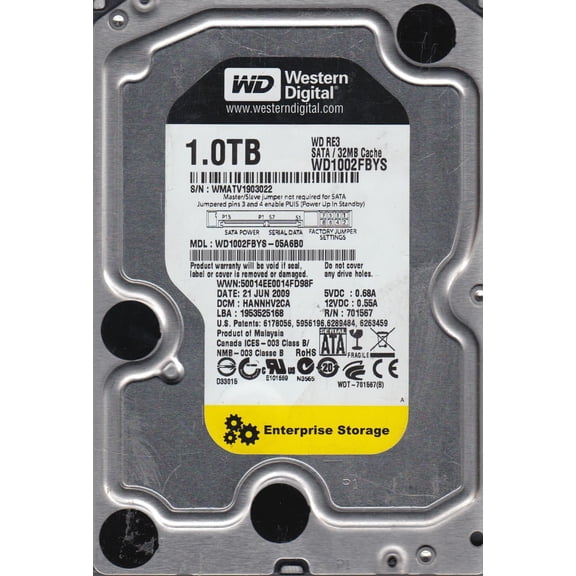WD1002FBYS-05A6B0, DCM HANNHV2CA, Western Digital 1TB SATA 3.5 Hard Drive