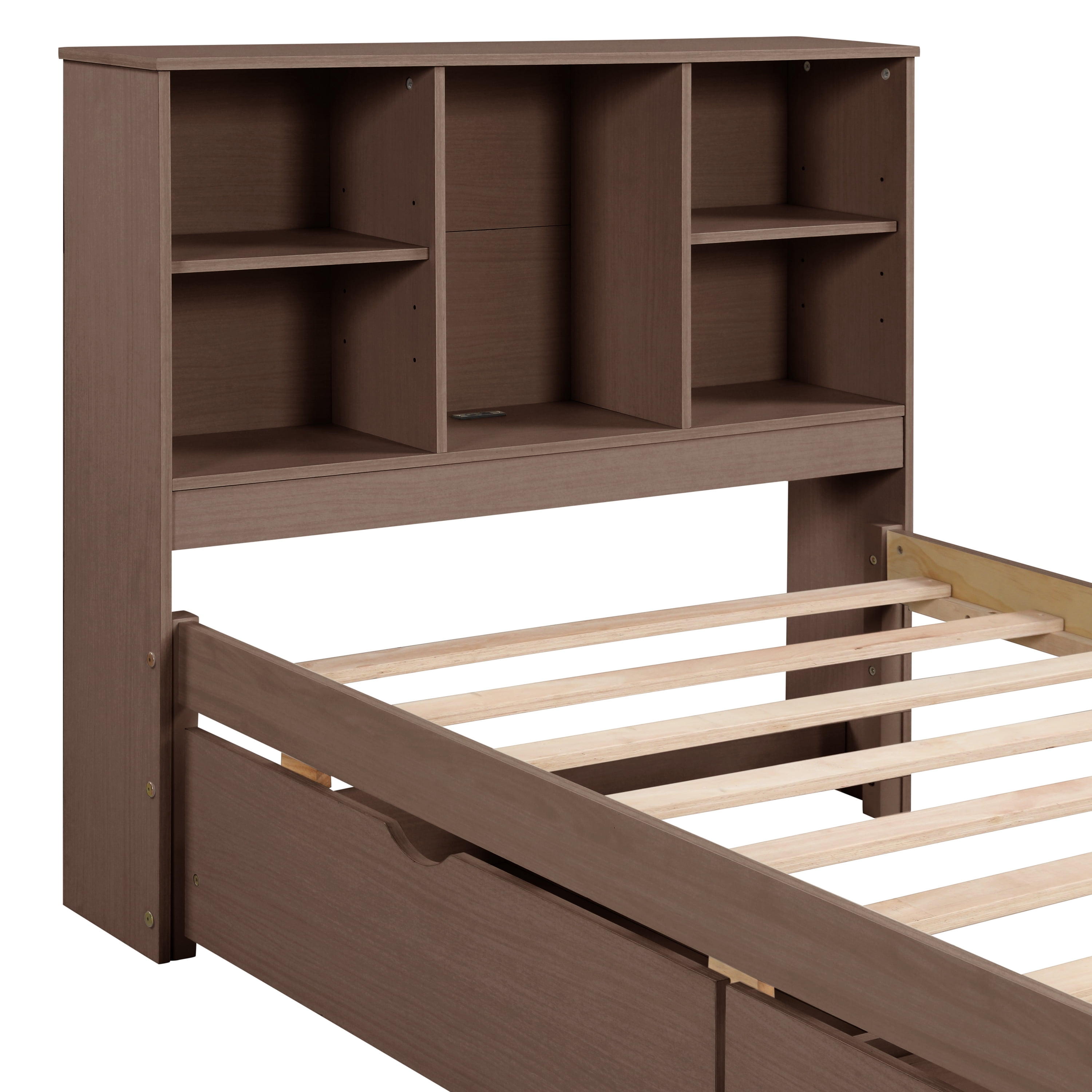 Miniyam Twin Size Bed with Built-in USB Port, Bookcase, Drawers for Kids and Teens, Walnut