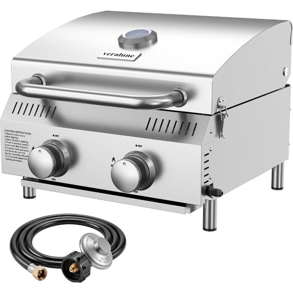 2-Burner Tabletop Gas Grill for outdoor cooking, stainless steel, black, 22000 BTU high heat output