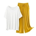 thumbnail image 2 of Antinious Pajamas for Women Set Solid V-Neck Short Sleeve Blouse with Drawstring Wide Leg Pants Outfits,Holiday!Pajamas for Women Set,Ladies Sleepwear Outfits,Yellow,L, 2 of 3