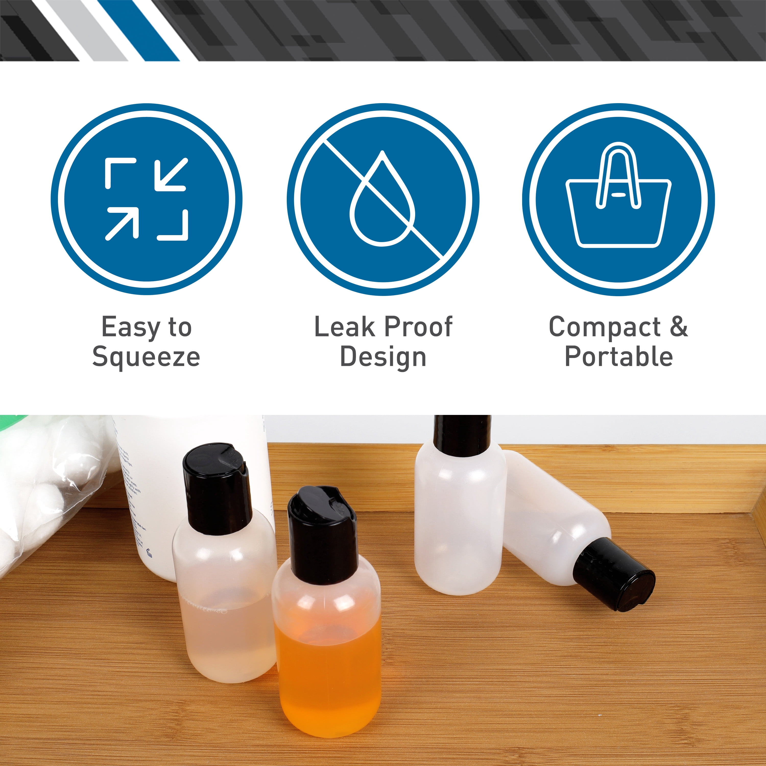 BodyMed 50 Pcs 2 oz. Clear Plastic Dispenser Bottles with Caps - LDPE Pliable Material & Leak Proof - Refillable, Mini Squeeze Bottles for Shampoo, Lotion, Essential Oils