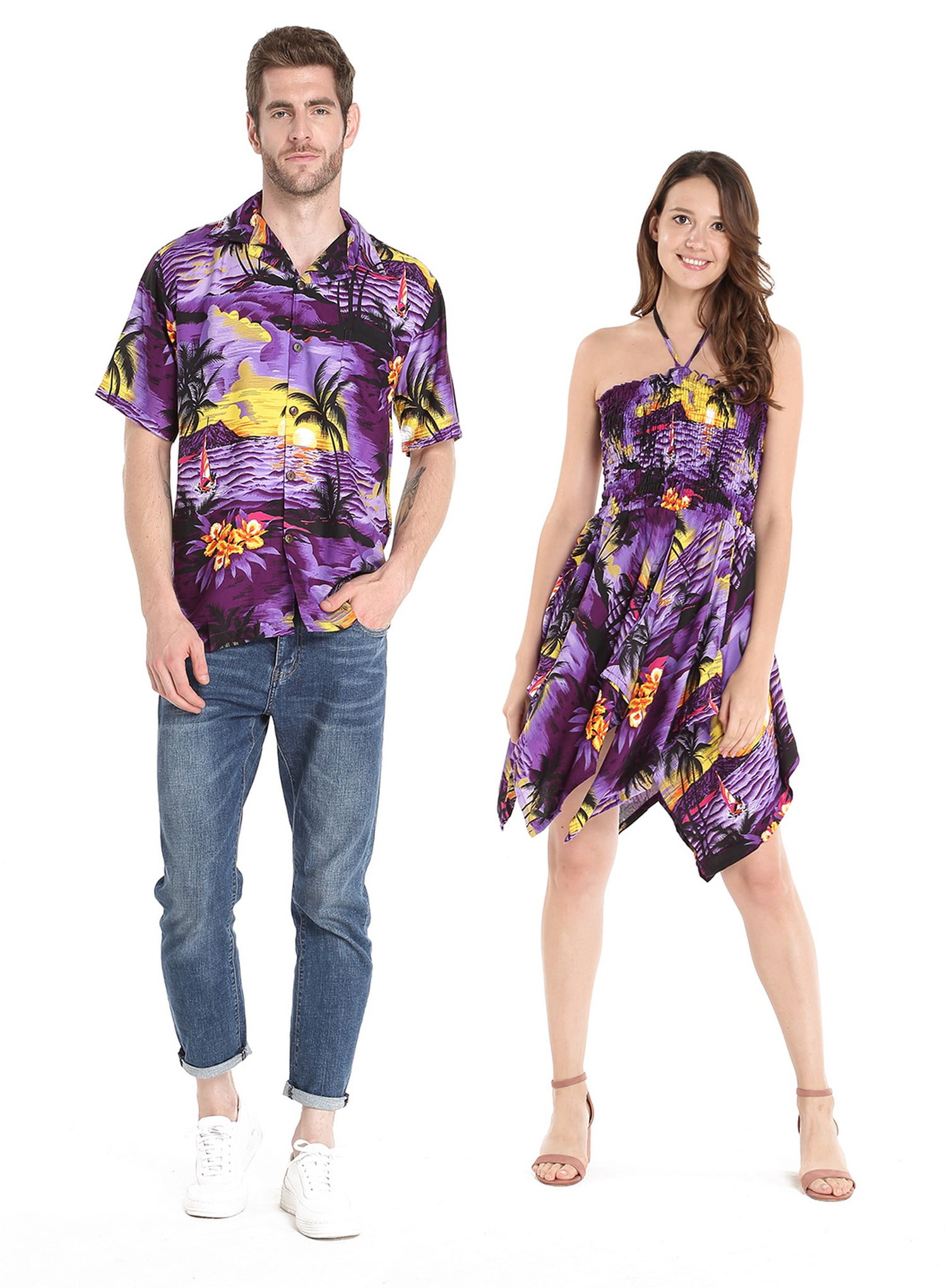Couple Matching Hawaiian Luau Aloha Shirt Gypsy Dress In Sun Purple