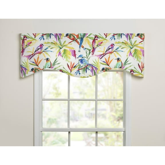 Songbirds tropical purple, blue bright colors on linen shaped valance