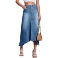 thumbnail image 2 of High Waist Blue Washed Women A Line Irregular Hem Long Denim Skirt, 2 of 8