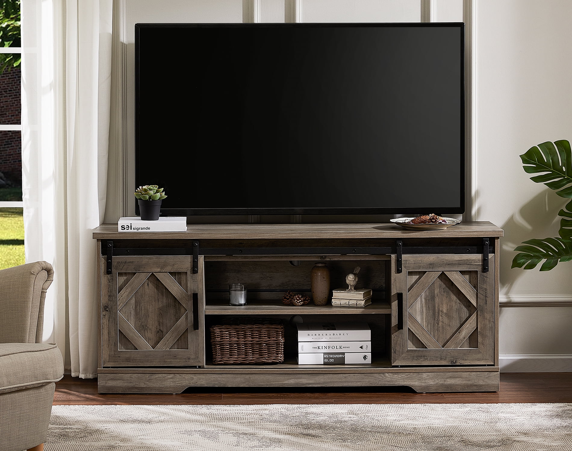 LED Farmhouse Modern Sliding Barn Door TV Stand for TVs Up to 65 inch Grey