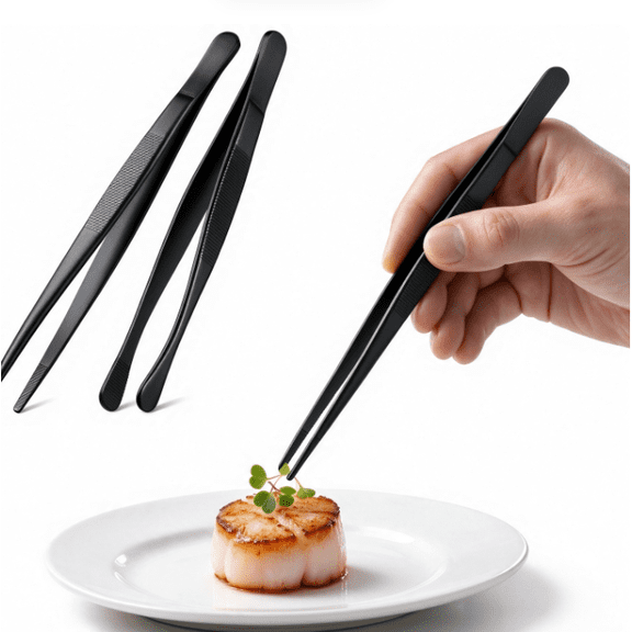 WZB Cooking Tweezers 2-pack 12-inch Stainless Steel Serrated Tips for Bbq Plating Serving Black