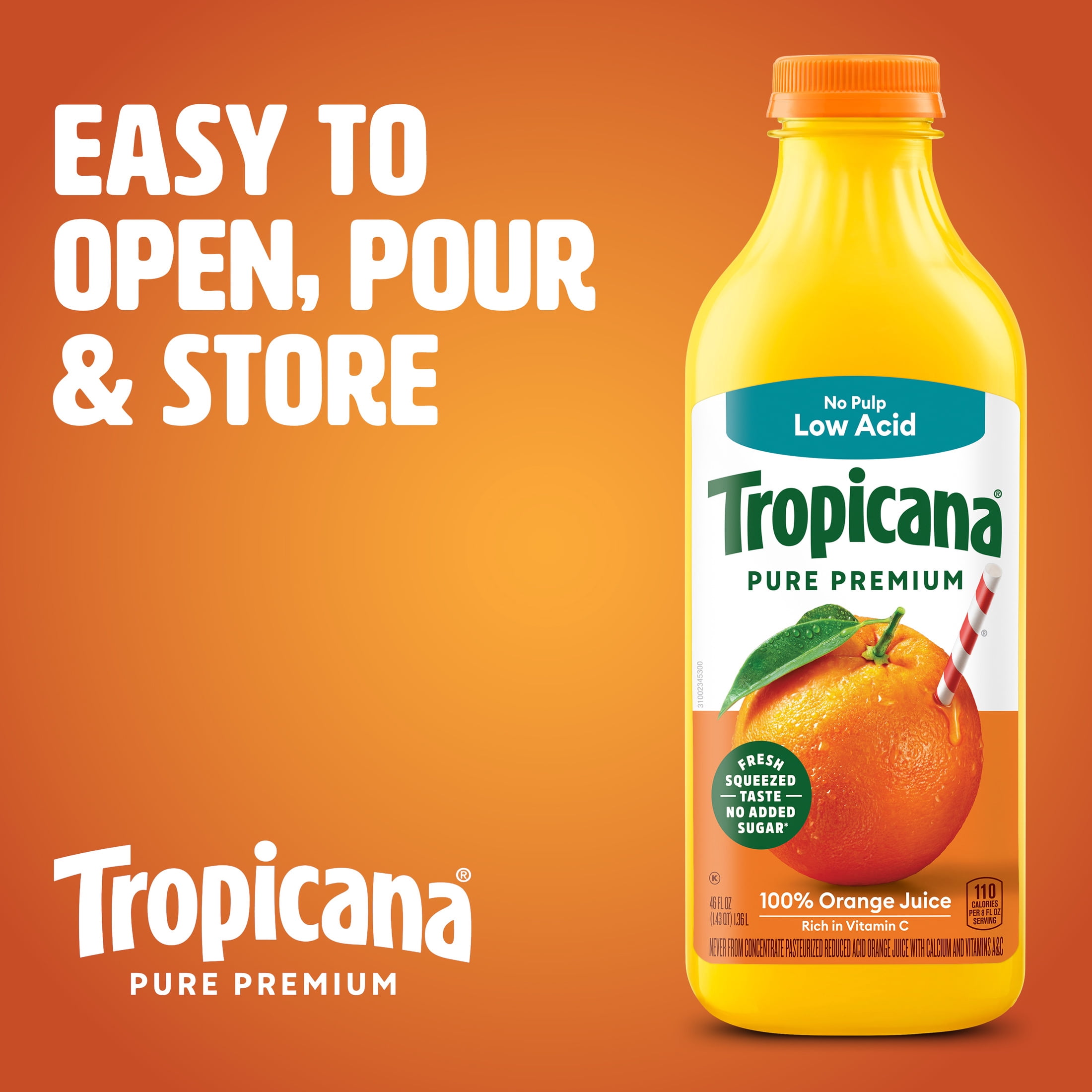 Tropicana Pure Premium 100% Orange Juice Original, No Pulp, Low Acid, 46 fl oz bottle