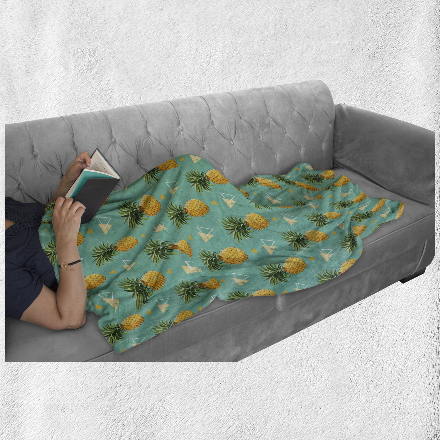 50 x 70 Ambesonne Pineapple Throw Blanket Hipster and Pineapples Tropic Fruits Design with Triangles Flannel Fleece Accent Piece Soft Couch Cover for Adults Turquoise Ginger Green 