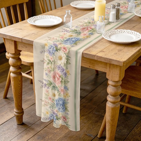 Spring Floral 10ft Cheesecloth Table Runner for Wedding 27"x120", Romantic Pink Rose Peony Bud Green Leaf Farmhouse Kitchen Dinner Sheer Tulle Chiffon Dresser Scarf, Holiday Party Decorations