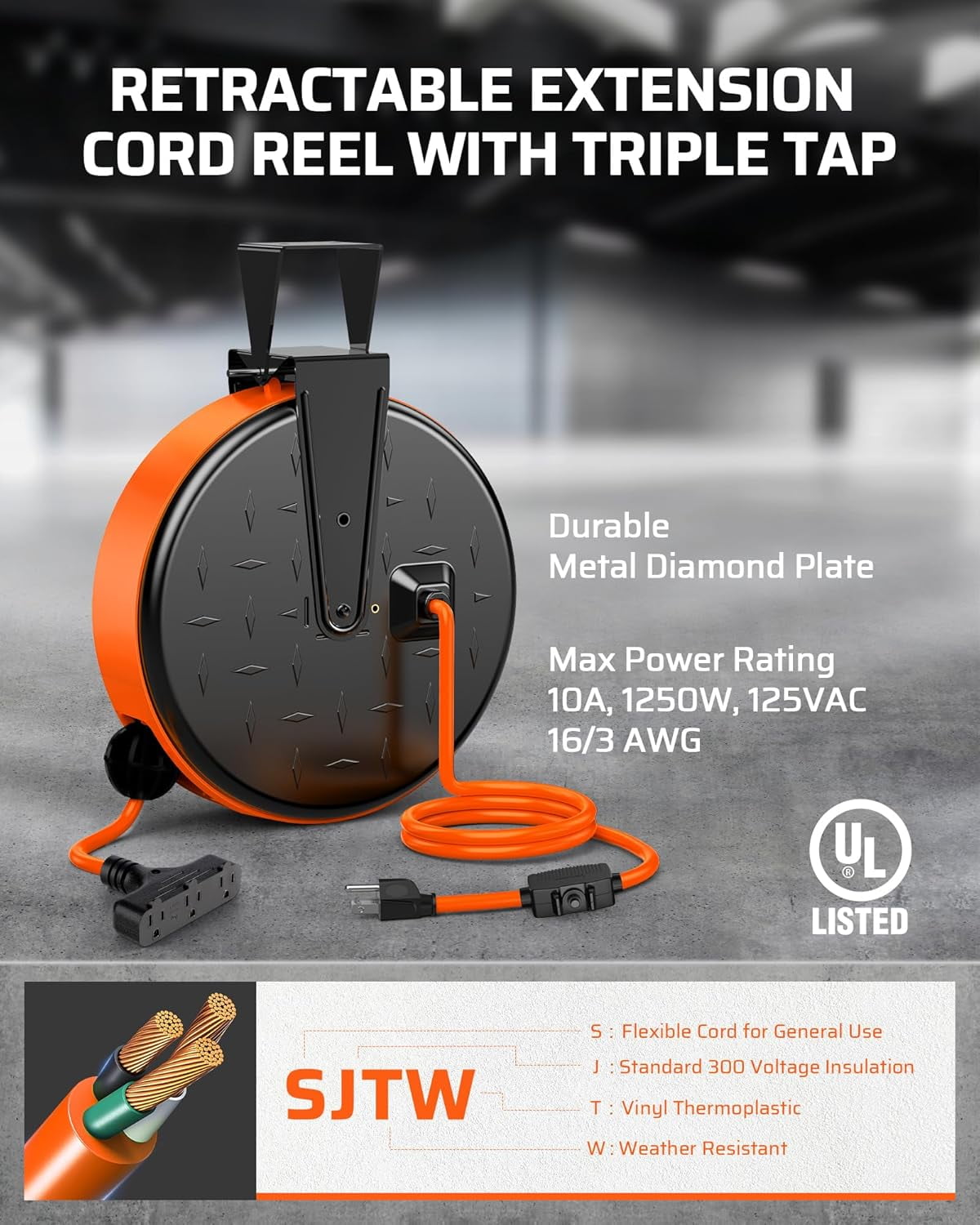 30FT Extension Cord Reel, 16/3 Gauge SJTW Power Cord, Retractable Cord Reel with 3 Outlets, Ceiling/Wall Mount for Garage, Workshop, 10A Circuit Breaker, Metal Plate, UL Listed, Orange